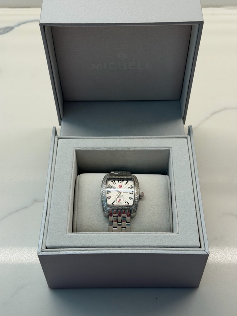 Michele Silver Stainless Steel Diamond Bezel Watch with White Dial and Red Logo
